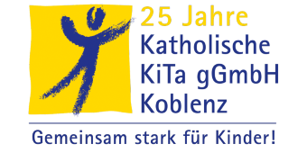 Man sieht eine Strichzeichnung eines kleinen Menschen. Daneben der Text Katholische Kita gGmbH Koblenz